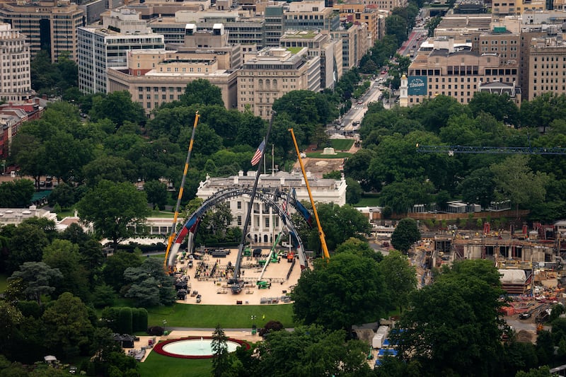 Workers construct a UFC fighting ring ahead of a planned Ultimate Fighting Championship (UFC) fight on the South Lawn of the White House in Washington, DC, next month. Photograph: Al Drago/Bloomberg