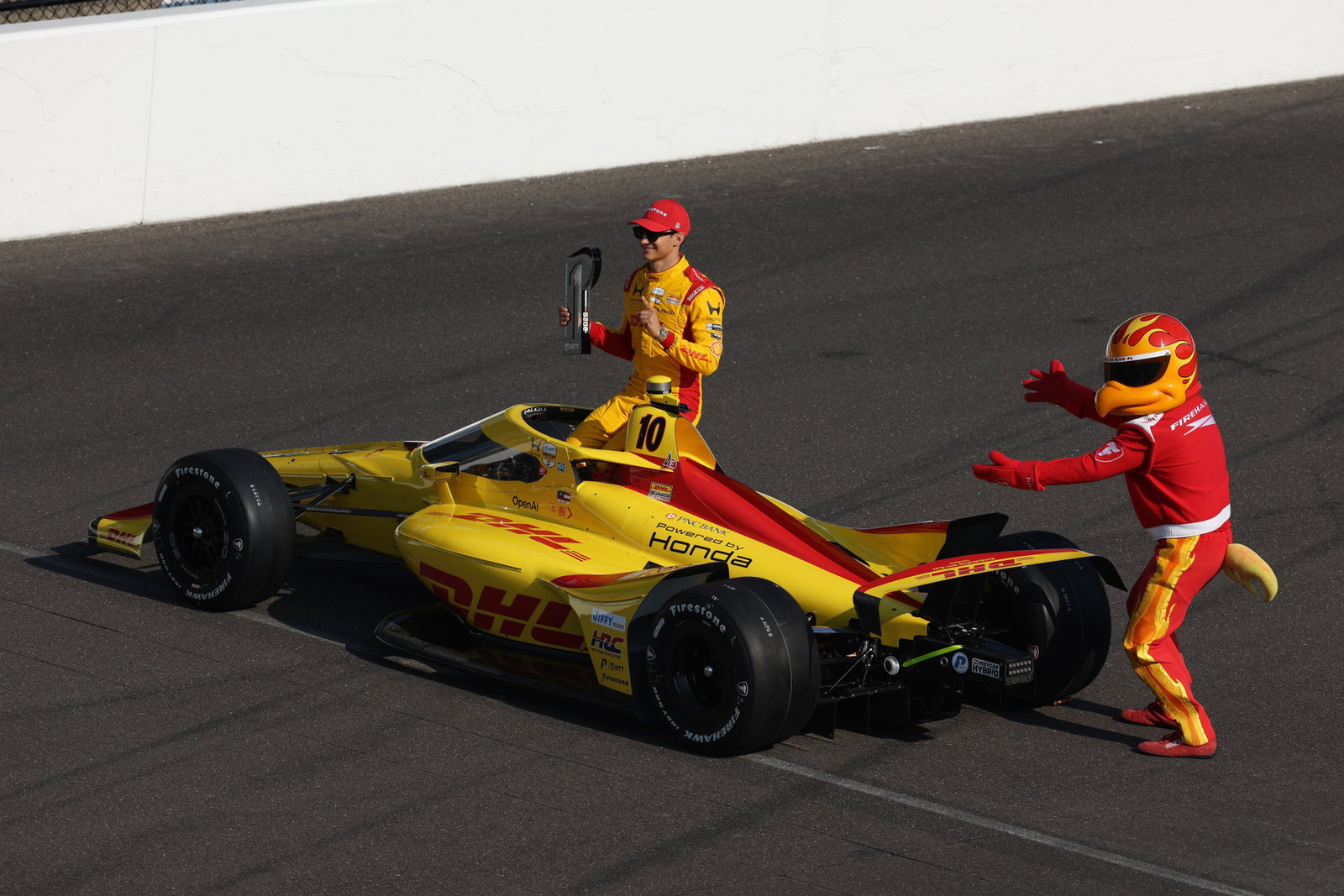 Indianapolis 500 pole position winner Alex Palou pose for the front row photoshoot at Indianapolis Motor Speedway. 