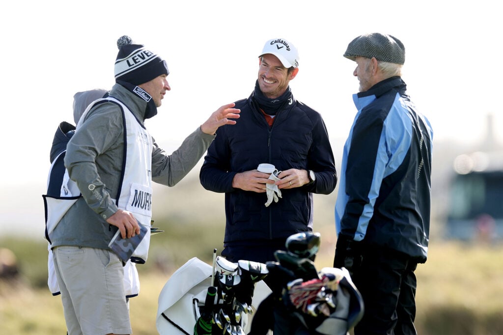 Andy Murray smiles with Actor and Comedian, Bill Murray during the Final Round on day four of the Alfred Dunhill Links Championship 2025 at The Old Course | Source: Getty