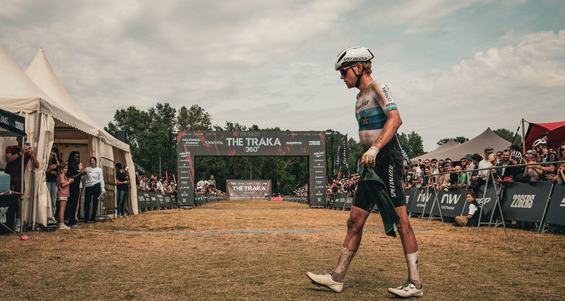 European gravel champion Mads W&uuml;rtz Schmidt gets off his bike after winning 2026 The Traka 360