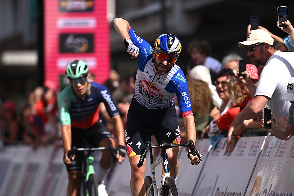 DUNKIRK, FRANCE - MAY 24: Jordi Meeus of Belgium and Team Red Bull - BORA - hansgrohe celebrates at finish line as stage winner during the 70th 4 Jours de Dunkerque 2026, Stage 5 a 181.3km stage from Saint-Omer to Dunkirk on May 24, 2026 in Dunkirk, France. (Photo by Luc Claessen/Getty Images)