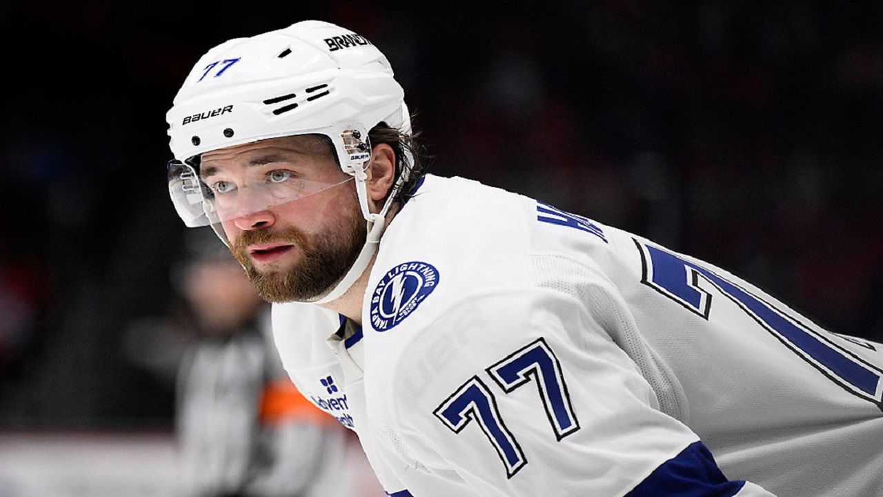 Tampa Bay Lightning defenseman Victor Hedman (77) looks on during the second period of an NHL hockey game against the Washington Capitals, Saturday, March 1, 2025, in Washington. (AP Photo/Nick Wass)