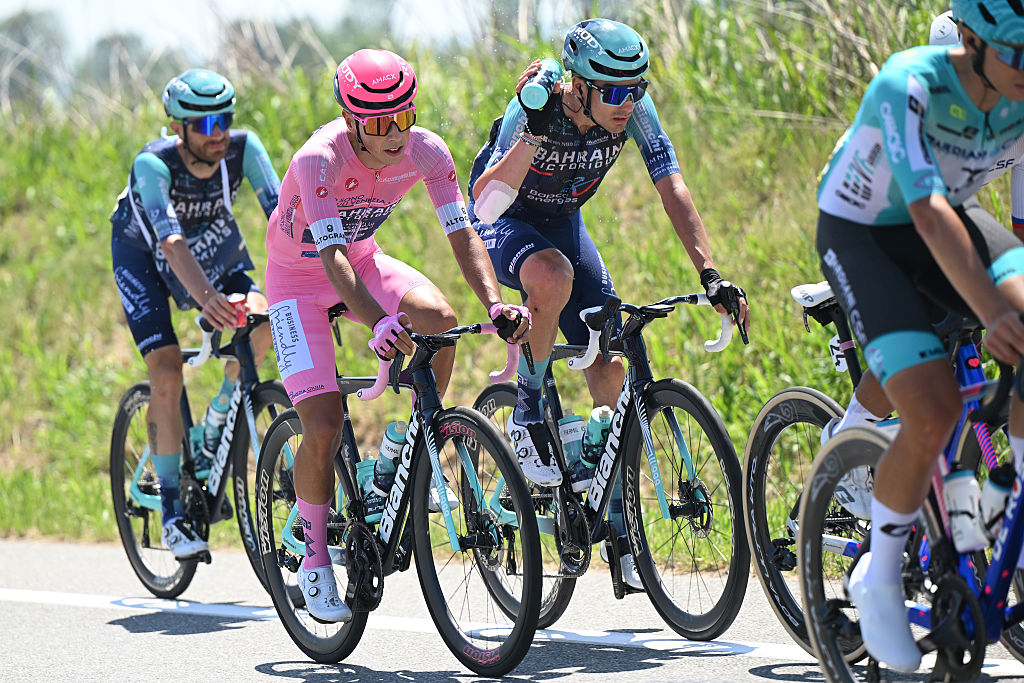 VERBANIA, ITALY - MAY 22: Afonso Eulalio of Portugal and Team Bahrain - Victorious - Pink Leader Jersey competes during the 109th Giro d&amp;apos;Italia 2026, Stage 13 a 189km stage from Alessandria to Verbania / #UCIWT / on May 22, 2026 in Verbania, Italy. (Photo by Dario Belingheri/Getty Images)