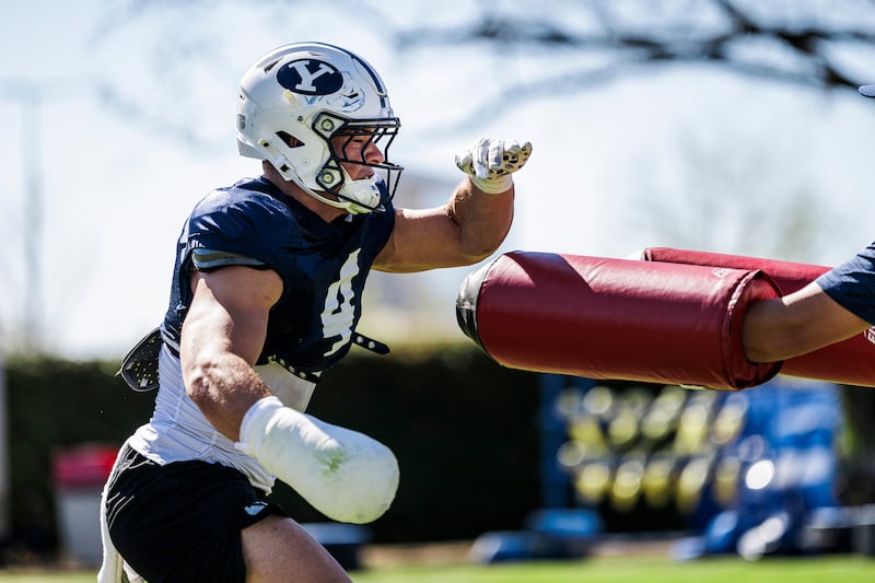 BYU linebacker Cade Uluave goes through drills during spring camp in Provo March. 25, 2026.