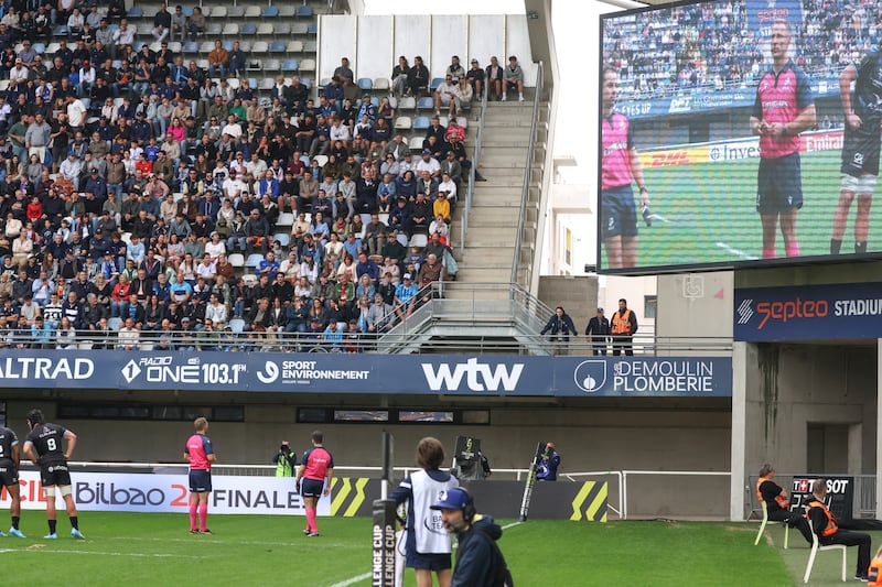 Referee Andrew Brace consults with the TMO during last Sunday's European Rugby Challenge Cup semi-final between Montpellier and Dragons at Septeo Stadium, Montpellier. Photograph: Manuel Blondeau/Inpho