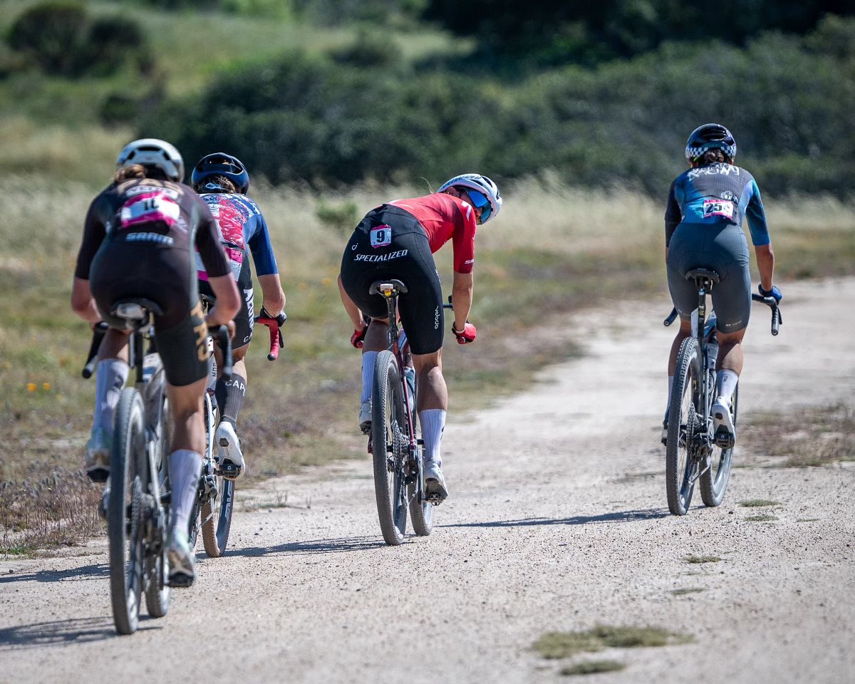 Sofia Gomez Villafa&ntilde;e looking back to check her rivals at Sea Otter Classic Gravel, the opening round of the Life Time Grand Prix 2026