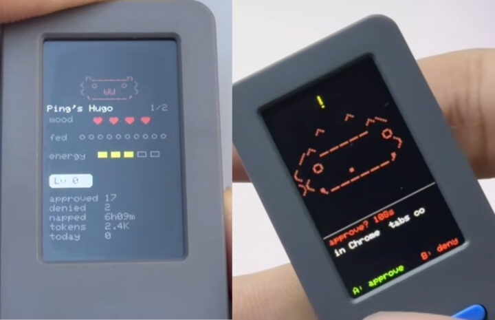 Claude Desktop Buddy showing pet stats and mood (left) and a real time approval prompt with physical button controls (right).
