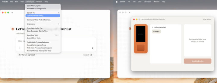 Claude desktop app showing the Hardware Buddy window in the Developer menu (left) and the pairing interface for connecting an ESP32 device and adding custom character packs (right).