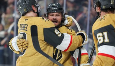 Golden Knight defenseman Rasmus Andersson (center) could represent a major upgrade for the Bruins if they can sign him this offseason.