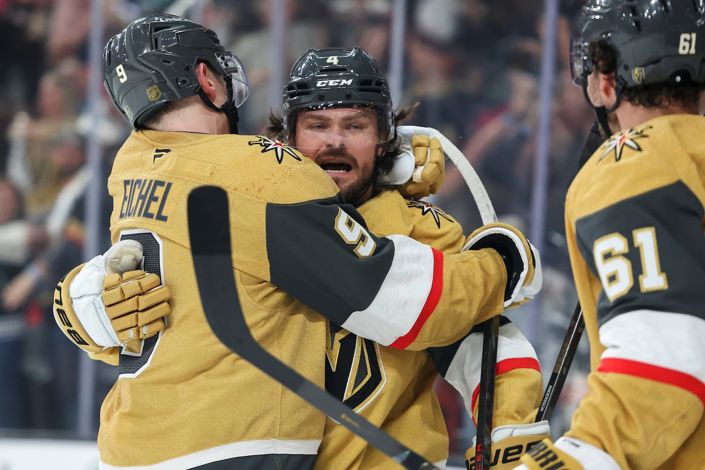 Golden Knight defenseman Rasmus Andersson (center) could represent a major upgrade for the Bruins if they can sign him this offseason.