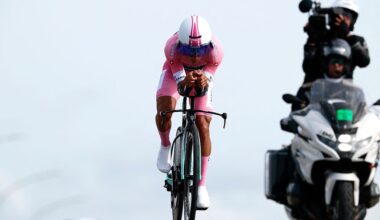 Afonso Eulalio during his time trial riding just ahead of the camera motorbike