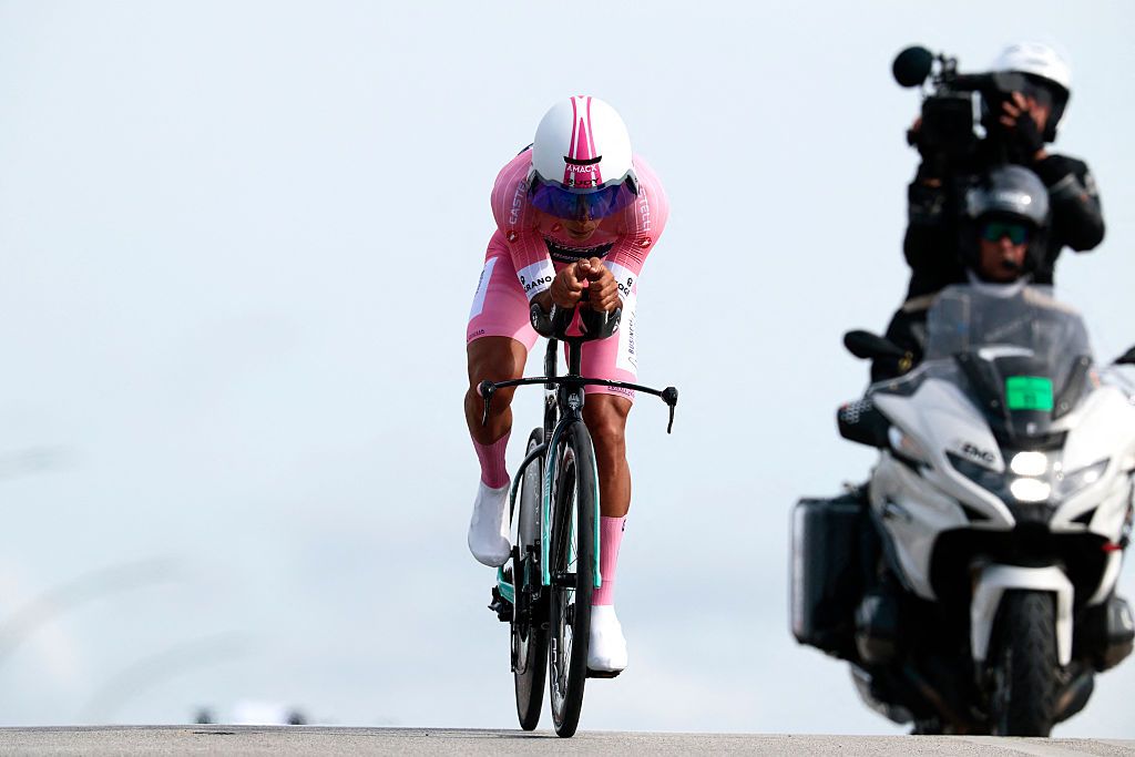 Afonso Eulalio during his time trial riding just ahead of the camera motorbike