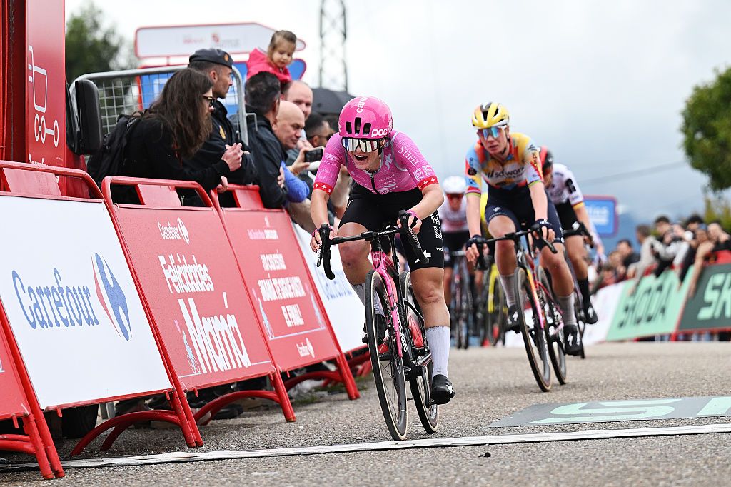 SALVATERRA DE MINO, SPAIN - MAY 03: Noemi Ruegg of Switzerland and Team EF Education-Oatly celebrates at finish line as stage winner during the 12th La Vuelta Femenina 2026, Stage 1 a 113.9km stage from Marin to Salvaterra de Mino / #UCIWWT / on May 03, 2026 in Salvaterra de Mino, Spain. (Photo by Szymon Gruchalski/Getty Images)