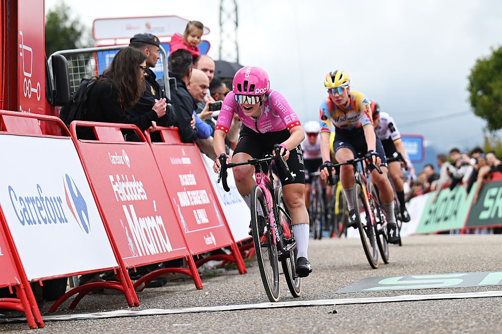 SALVATERRA DE MINO, SPAIN - MAY 03: Noemi Ruegg of Switzerland and Team EF Education-Oatly celebrates at finish line as stage winner during the 12th La Vuelta Femenina 2026, Stage 1 a 113.9km stage from Marin to Salvaterra de Mino / #UCIWWT / on May 03, 2026 in Salvaterra de Mino, Spain. (Photo by Szymon Gruchalski/Getty Images)