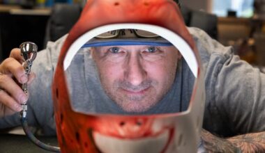 Franny Drummond paints custom hockey goalie masks for NHL players, including Flyers goaltender Dan Vladař.