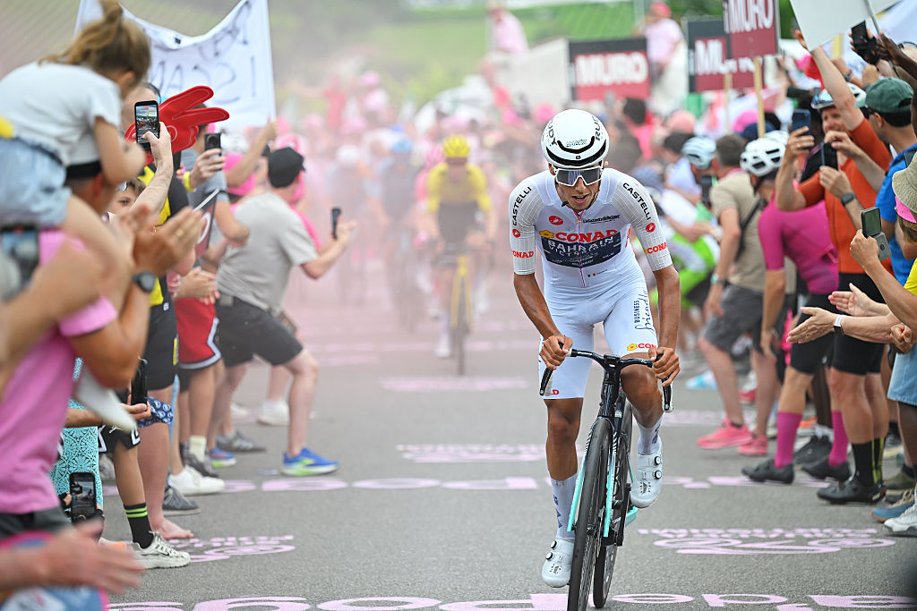 PIEVE DI SOLIGO, ITALY - MAY 28: Afonso Eulalio of Portugal and Team Bahrain - Victorious - White Best Young Rider Jersey competes climbing the Muro di Ca&amp;apos; del Poggio (241m) during the 109th Giro d&amp;apos;Italia 2026, Stage 18 a 171km stage from Fai della Paganella to Pieve di Soligo / #UCIWT / on May 28, 2026 in Pieve di Soligo, Italy. (Photo by Tim de Waele/Getty Images)