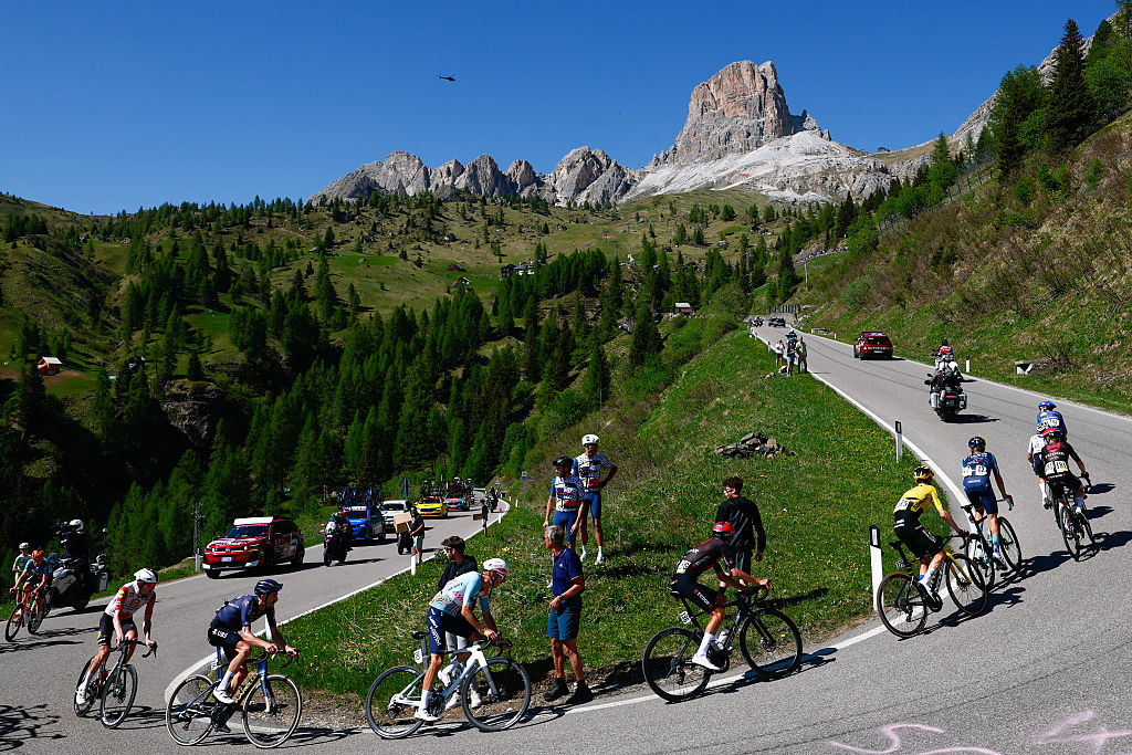 A lead breakaway cycles in the ascent of Passo Gau during the 19th stage of the Giro d'Italia 2026 - Tour of Italy cycling race between Feltre and Alleghe, Italy, on May 29, 2026. (Photo by Luca Bettini / AFP)