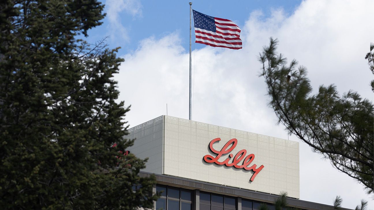 Eli Lilly Headquarters with an American flag flying over it