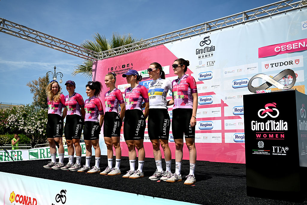 Laboral Kutxa - Fundacion Euskadi at sign on prior to the 37th Giro d'Italia Women 2026, Stage 1 in Cesenatico, Italy. (Photo by Luc Claessen/Getty Images)