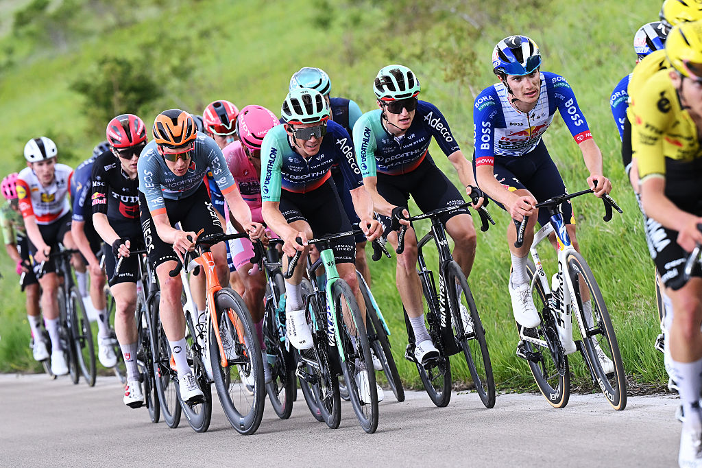 Thymen Arensman of Netherlands and Netcompany INEOS Cycling Team, Gregor Muhlberger of Austria, Felix Gall of Austria and Team Decathlon CMA CGM and Giulio Pellizzari