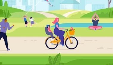 Illustration of a path through a park showing people riding, walking and performing yoga.