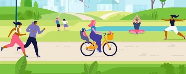 Illustration of a path through a park showing people riding, walking and performing yoga.