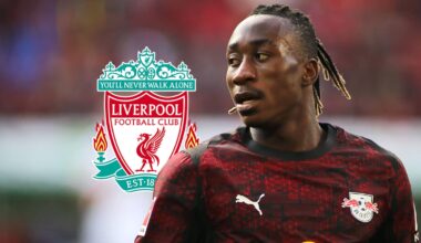 Explosive RB Leipzig winger Yan Diomande next to the Liverpool FC badge