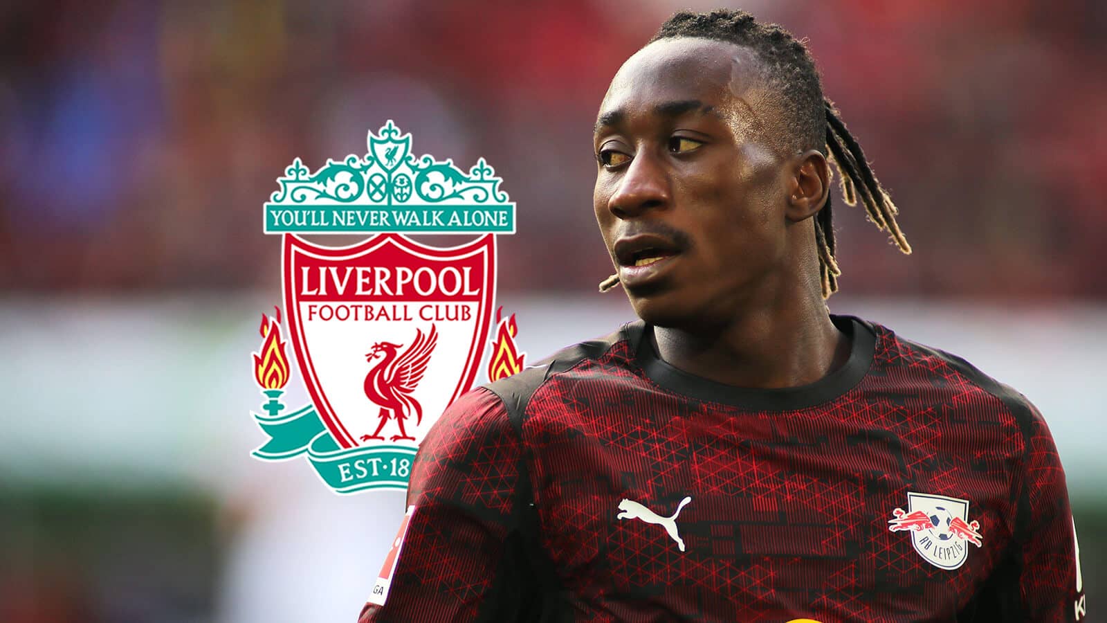 Explosive RB Leipzig winger Yan Diomande next to the Liverpool FC badge