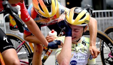 SAN SEBASTIAN, SPAIN - MAY 17: Overall race winner Mischa Bredewold of Netherlands and Team SD Worx - Protime - Yellow Leader Jersey reacts after the 5th Itzulia Women 2026, Stage 3 a 131.1km stage from San Sebastian to San Sebastian / #UCIWWT / on May 17, 2026 in San Sebastian, Spain. (Photo by Szymon Gruchalski/Getty Images)