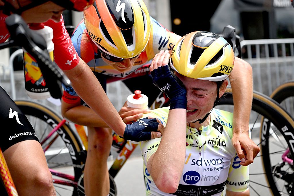 SAN SEBASTIAN, SPAIN - MAY 17: Overall race winner Mischa Bredewold of Netherlands and Team SD Worx - Protime - Yellow Leader Jersey reacts after the 5th Itzulia Women 2026, Stage 3 a 131.1km stage from San Sebastian to San Sebastian / #UCIWWT / on May 17, 2026 in San Sebastian, Spain. (Photo by Szymon Gruchalski/Getty Images)