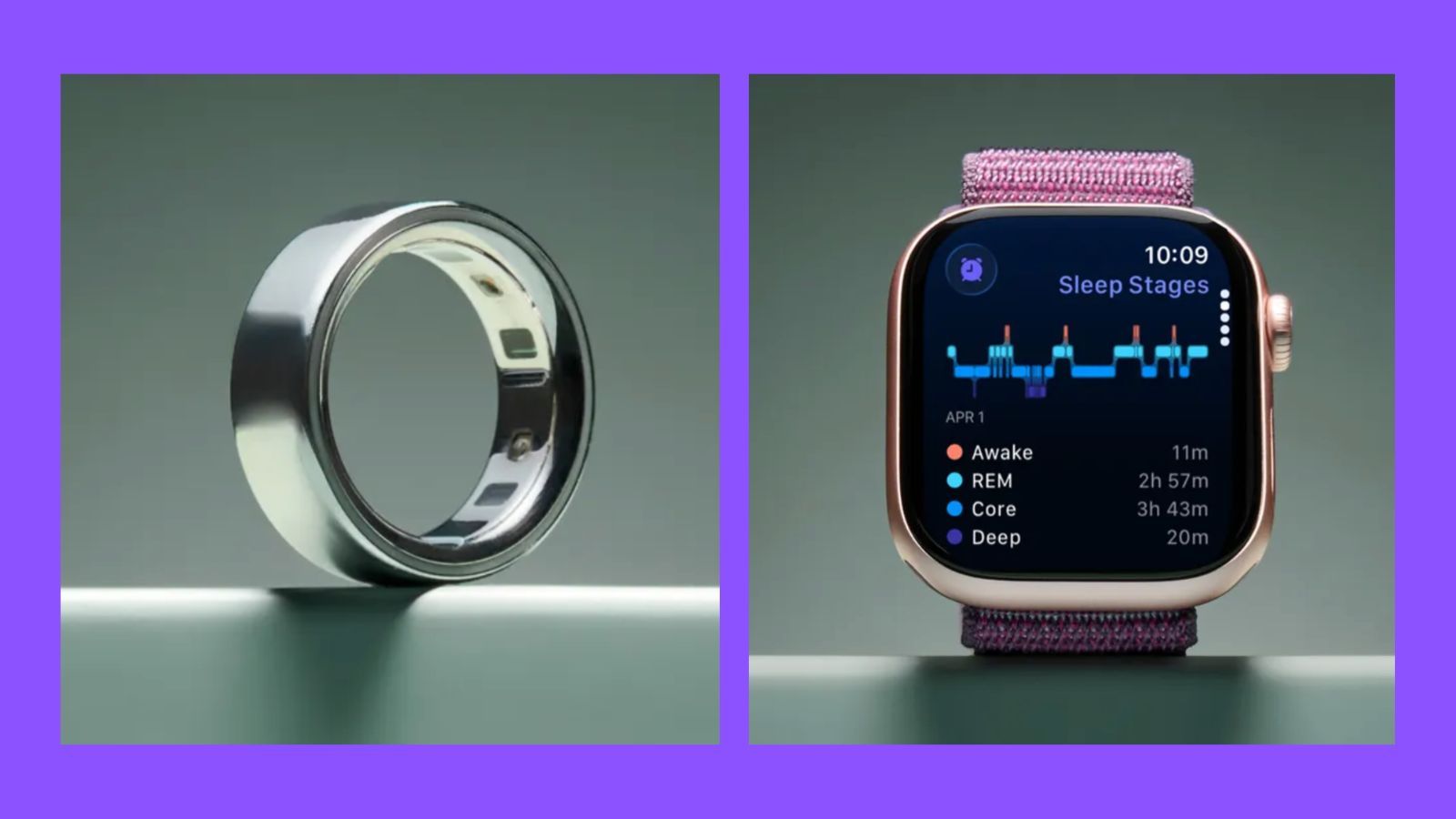 Silver Oura Ring on a teal studio background (left). Apple Watch 10 with purple fabric strap on teal studio background (right).
