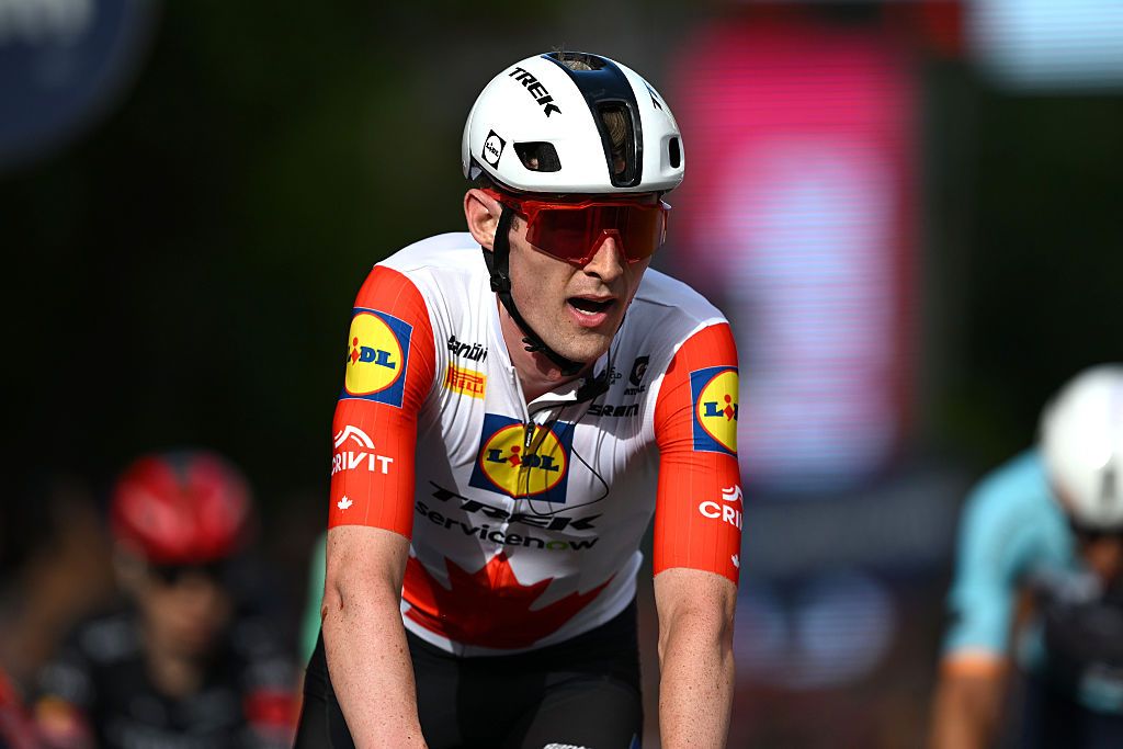 COSENZA, ITALY - MAY 12: Derek Gee-West of Canada and Team Lidl - Trek crosses the finish line during the 109th Giro d&amp;apos;Italia 2026, Stage 4 a 138km stage from Catanzaro to Cosenza / #UCIWT / on May 12, 2026 in Cosenza, Italy. (Photo by Dario Belingheri/Getty Images)