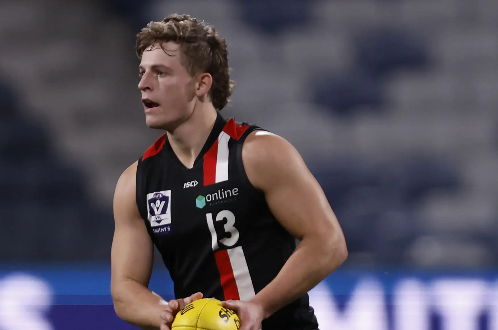 GEELONG, AUSTRALIA - JUNE 16: Jackson Voss of Frankston runs with the ball during the round 13 VFL match between Geelong Cats and Frankston at GMHBA Stadium on June 16, 2023 in Geelong, Australia. (Photo by Darrian Traynor/AFL Photos/via Getty Images)