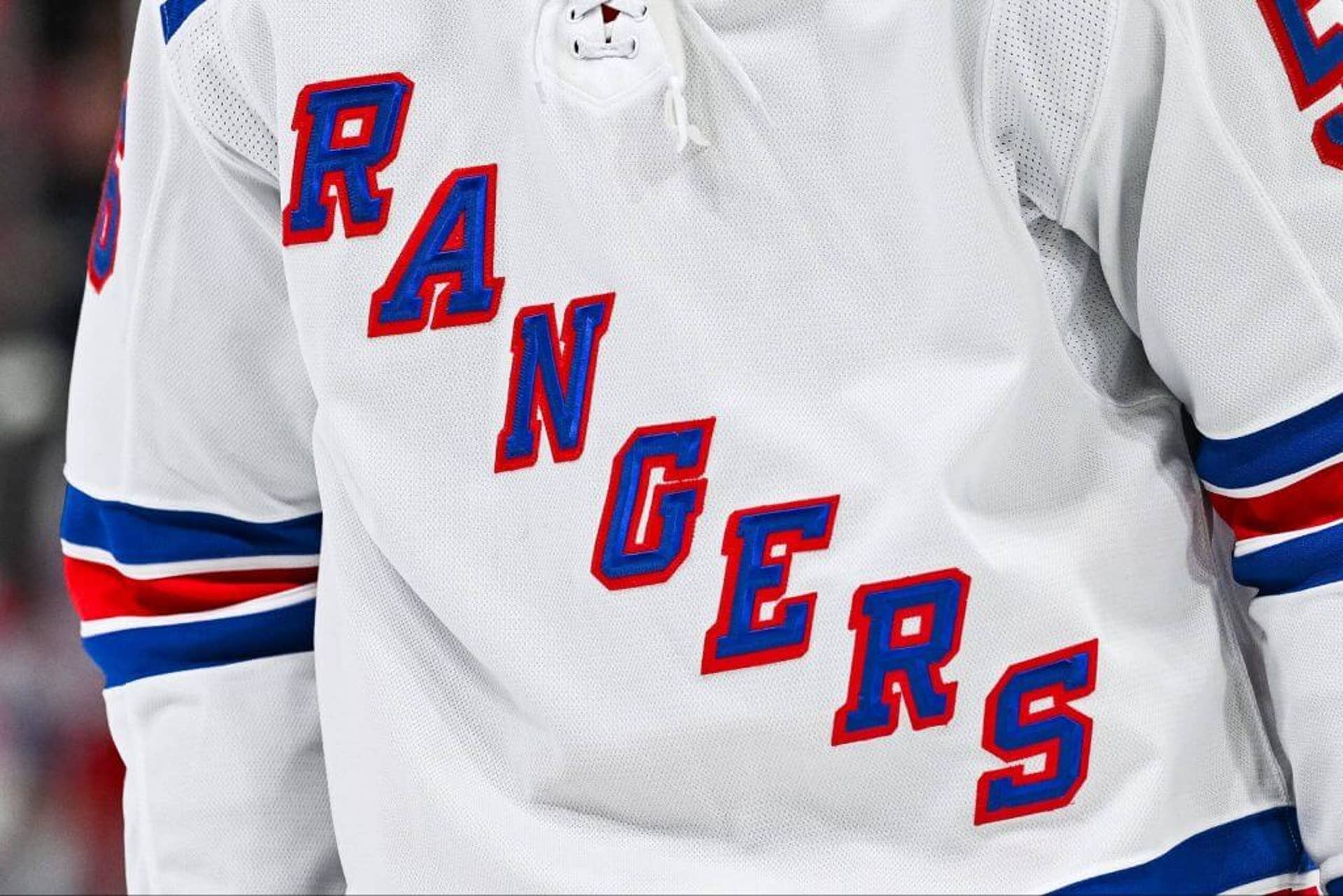 View of a New York Rangers logo on a jersey worn by a member of the team during the New York Rangers.