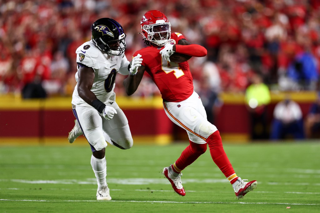 Rashee Rice makes a catch in a 2024 game against the Ravens.