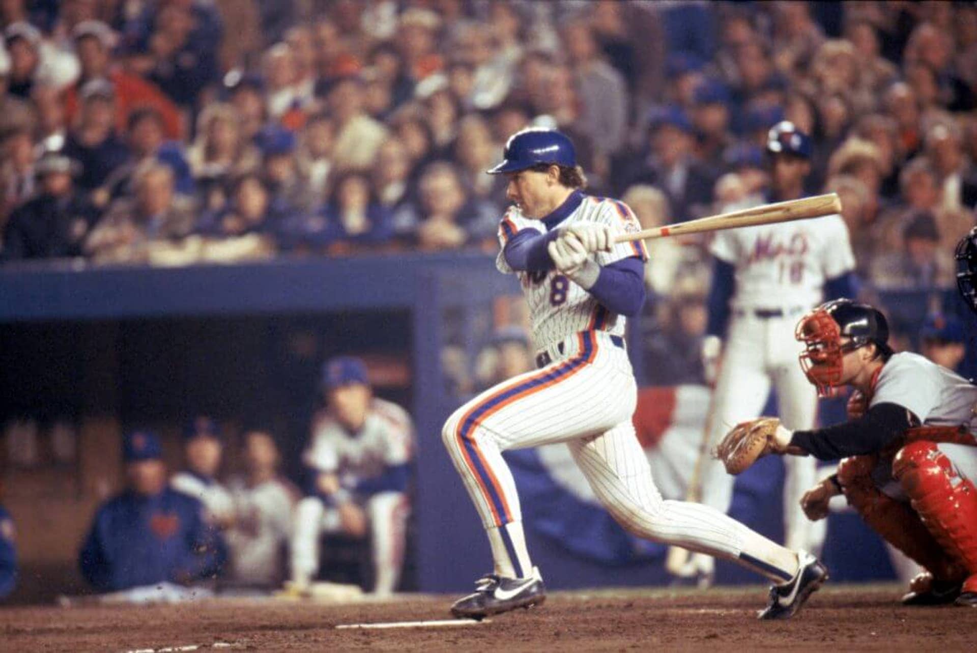New York Mets' Gary Carter swings at a pitch during the 1986 World Series.