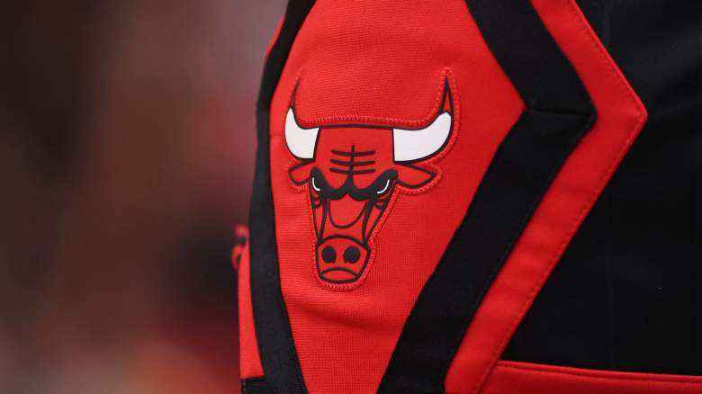 Chicago Bulls logo on red and black jersey close up