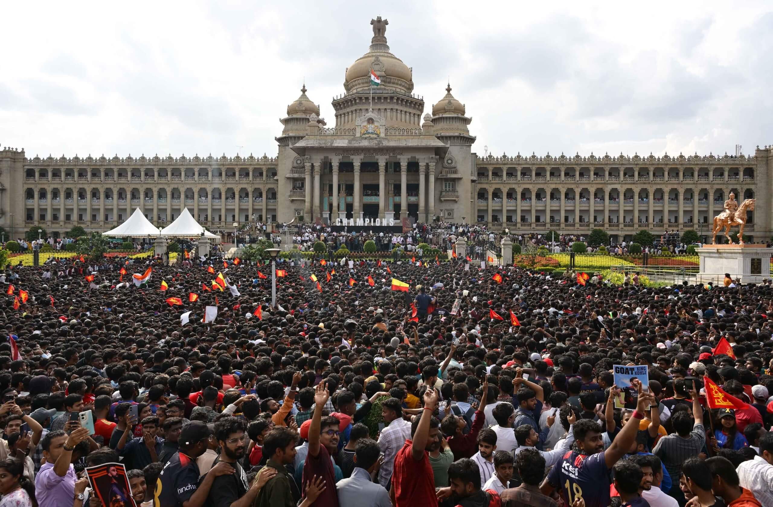 Crowds gather outside Vidhana Soudha in Bangalore to celebrate the Royal Challengers Bengaluru's success last season