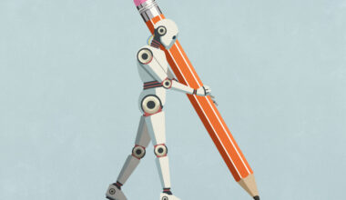 A humanoid robot is holding an oversized pencil as large as itself and drawing a line on the ground.
