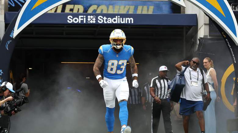 Tyler Conklin #83 of the Los Angeles Chargers takes the field prior to an NFL 2025 game against the Denver Broncos at SoFi Stadium on September 21, 2025 in Inglewood, California.