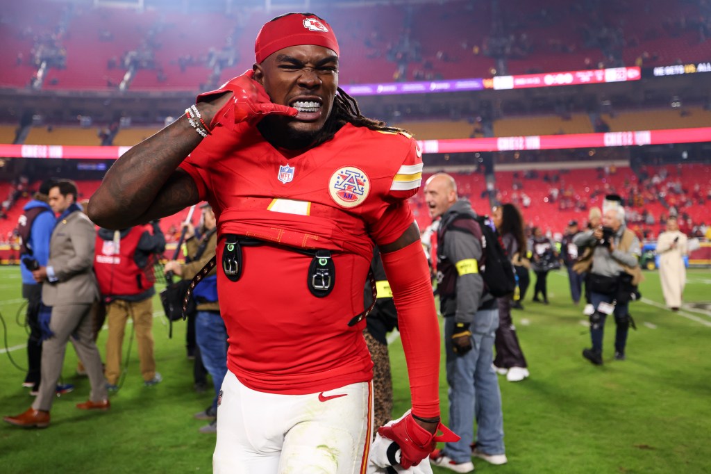 Rashee Rice #4 of the Kansas City Chiefs celebrates after winning the game against the Washington Commanders at Arrowhead Stadium on October 27, 2025 in Kansas City, Missouri.
