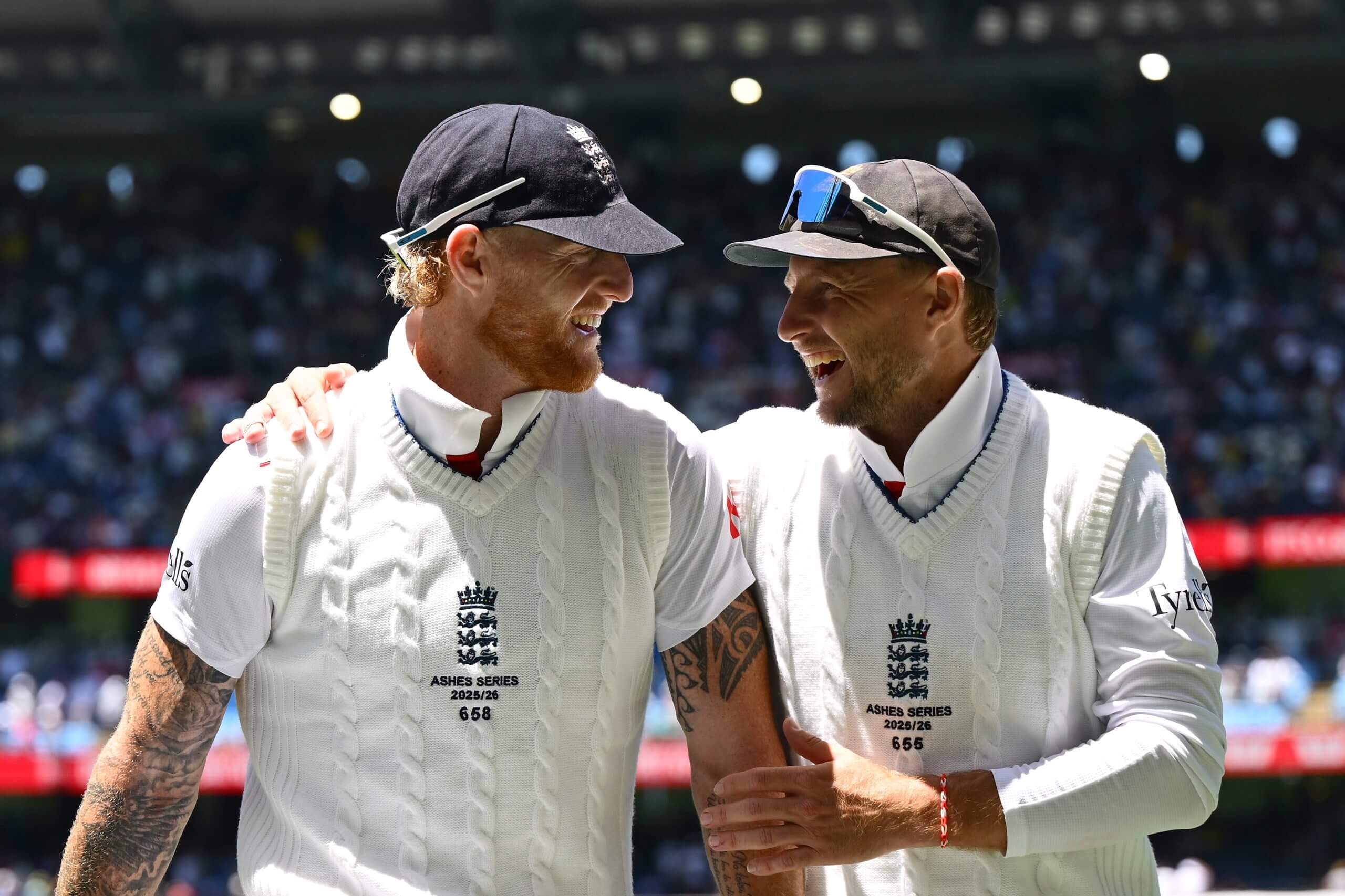 Ben Stokes and Joe Root celebrate a rare win in Australia, in Melbourne at the end of last year