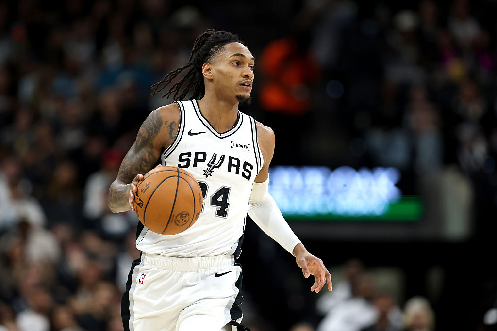 SAN ANTONIO, TEXAS - DECEMBER 27: Devin Vassell #24 of the San Antonio Spurs in action during the second quarter of the game against the Utah Jazz at Frost Bank Center on December 27, 2025 in San Antonio, Texas. (Photo by Kenneth Richmond/Getty Images)