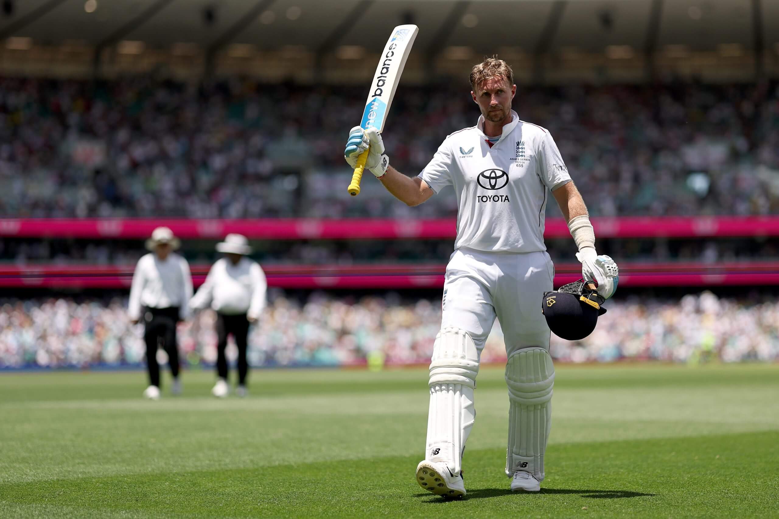 Joe Root raises his bat as he departs at the lunch break of day two of the Sydney Test earlier this year