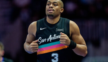 CHARLOTTE, NORTH CAROLINA - JANUARY 31: Keldon Johnson #3 of the San Antonio Spurs looks on against the Charlotte Hornets during their game at Spectrum Center on January 31, 2026 in Charlotte, North Carolina. NOTE TO USER: User expressly acknowledges and agrees that, by downloading and or using this photograph, User is consenting to the terms and conditions of the Getty Images License Agreement. (Photo by Jacob Kupferman/Getty Images)