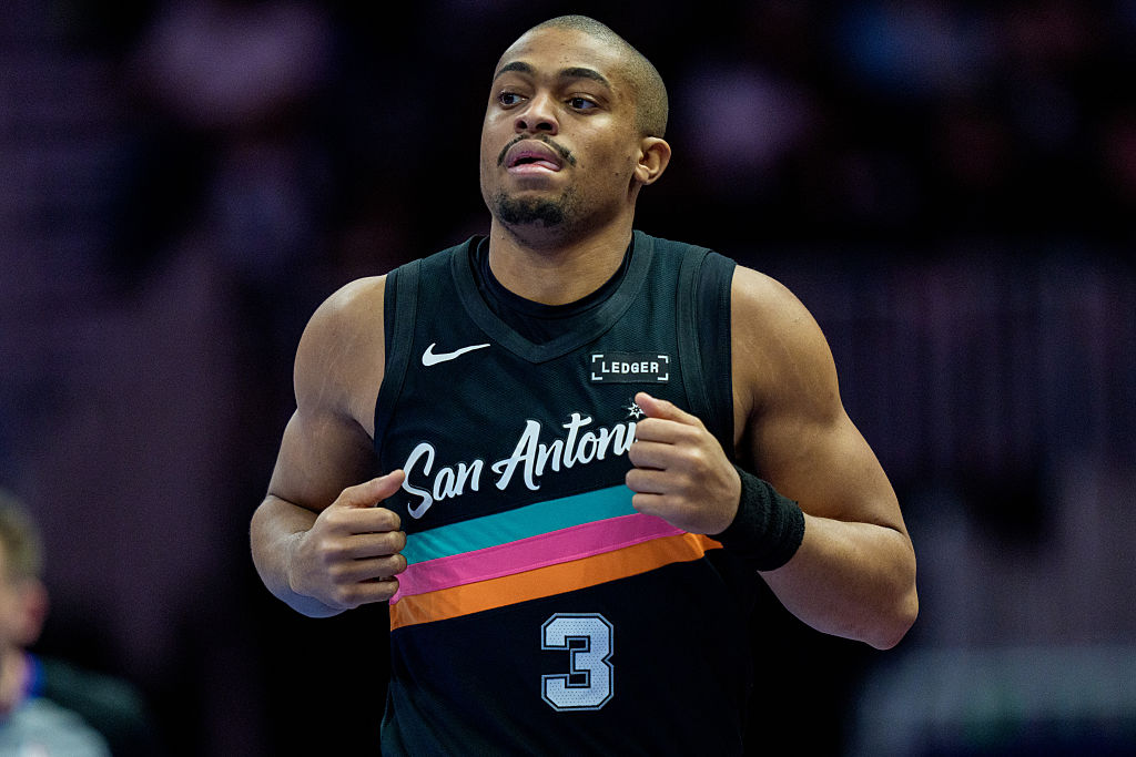 CHARLOTTE, NORTH CAROLINA - JANUARY 31: Keldon Johnson #3 of the San Antonio Spurs looks on against the Charlotte Hornets during their game at Spectrum Center on January 31, 2026 in Charlotte, North Carolina. NOTE TO USER: User expressly acknowledges and agrees that, by downloading and or using this photograph, User is consenting to the terms and conditions of the Getty Images License Agreement. (Photo by Jacob Kupferman/Getty Images)