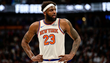 DENVER, COLORADO - MARCH 6: Mitchell Robinson #23 of the New York Knicks reacts to a play in the first half against the Denver Nuggets at Ball Arena on March 6, 2026 in Denver, Colorado. NOTE TO USER: User expressly acknowledges and agrees that, by downloading and or using this photograph, User is consenting to the terms and conditions of the Getty Images License Agreement. (Photo by Dustin Bradford/Getty Images)