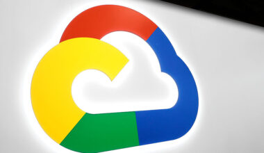 The Google Cloud logo is illuminated on a large-scale Gobo-projection and back-lit OLED signage at the entrance of the Google Cloud Zone in Hall 2 during the Mobile World Congress in Barcelona, Spain.