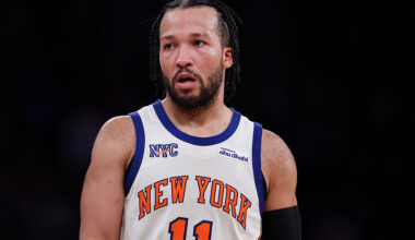 NEW YORK, NEW YORK - MARCH 15: Jalen Brunson #11 of the New York Knicks looks on during the fourth quarter of the game against the Golden State Warriors at Madison Square Garden on March 15, 2026 in New York City. NOTE TO USER: User expressly acknowledges and agrees that, by downloading and or using this photograph, user is consenting to the terms and conditions of the Getty Images License Agreement. (Photo by Dustin Satloff/Getty Images)