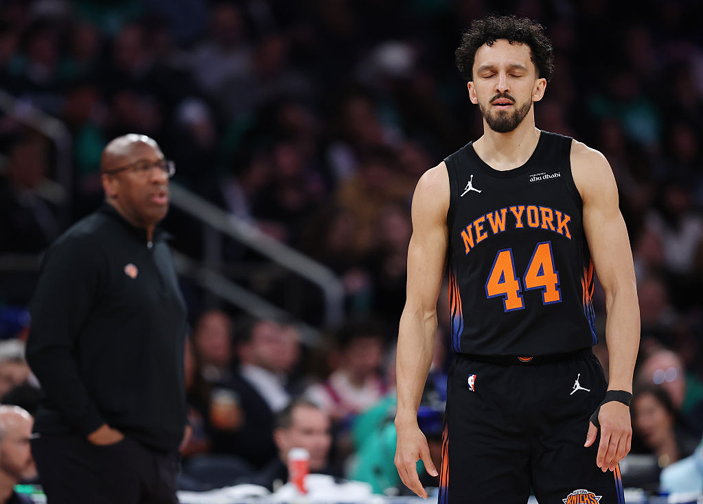 NEW YORK, NEW YORK - MARCH 17: Guard Landry Shamet #44 of the New York Knicks looks on during the game against the Indiana Pacers at Madison Square Garden on March 17, 2026 in New York City. The Knicks won 136-110. NOTE TO USER: User expressly acknowledges and agrees that, by downloading and or using this photograph, User is consenting to the terms and conditions of the Getty Images License Agreement. (Photo by Sarah Stier/Getty Images)